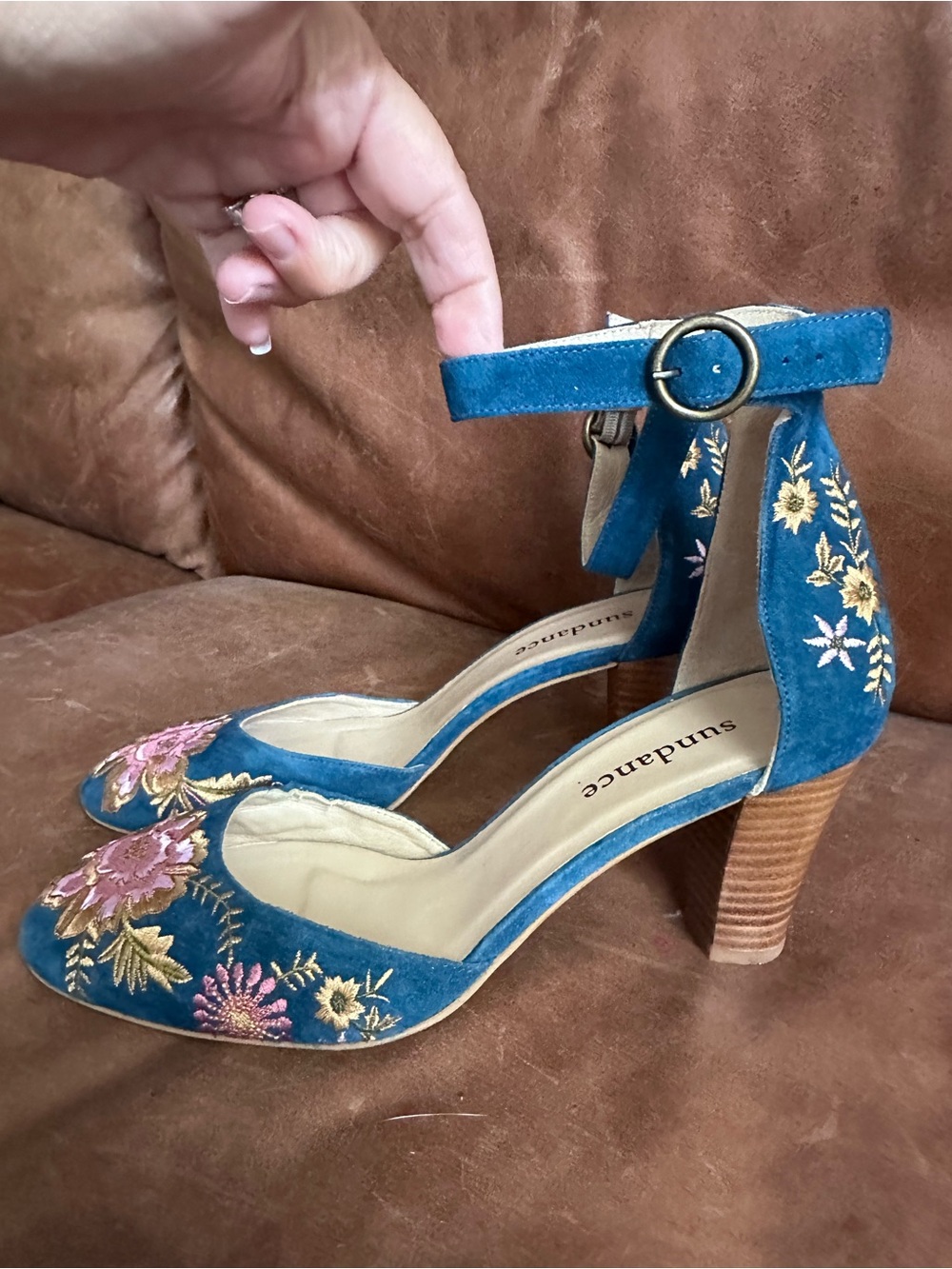 Sundance Ellory Blue Suede Embroidered Ankle-Strap Block Heels